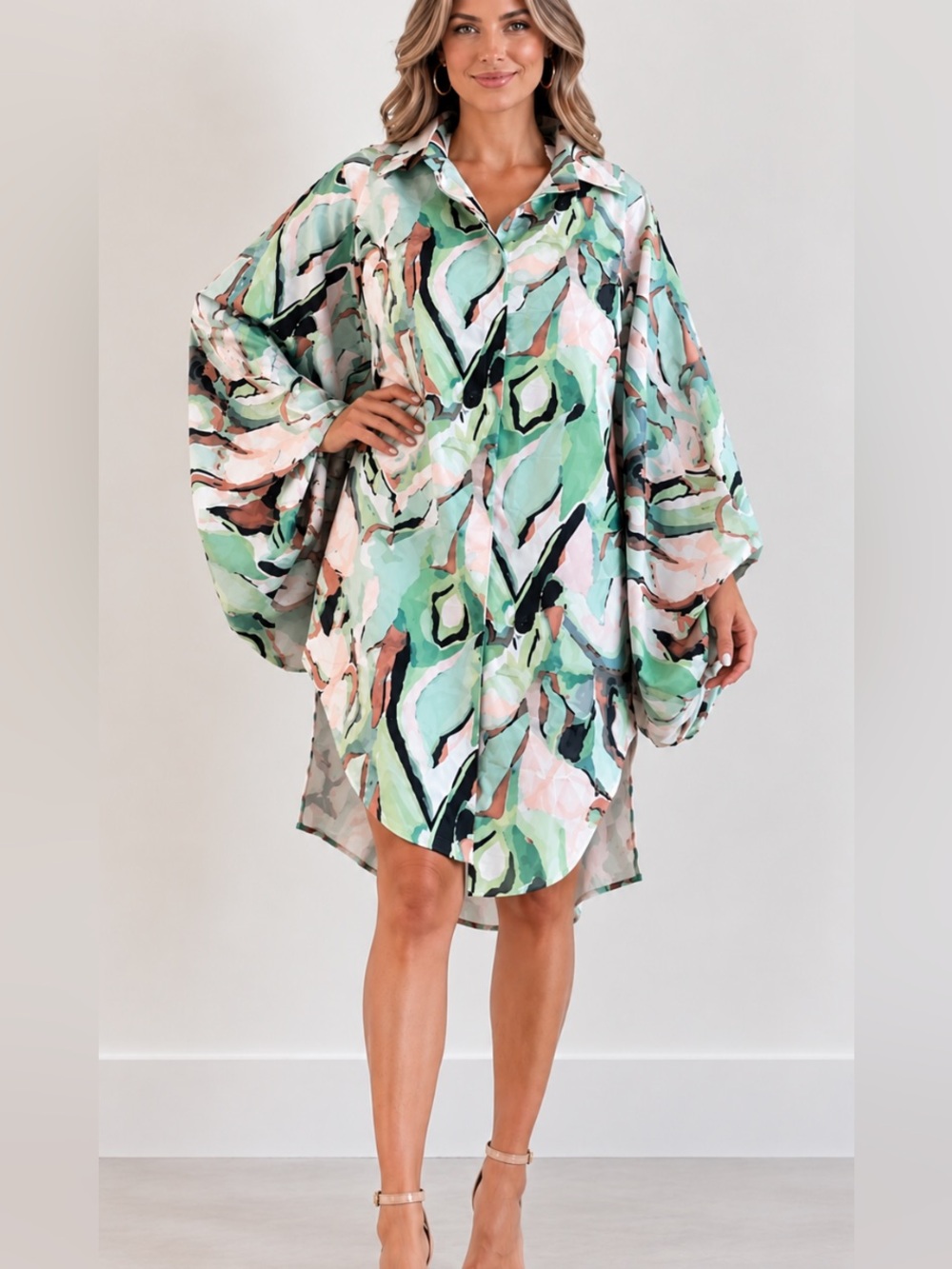 NWT OSHOPLIVE button down ballon long sleeve water color art print dress